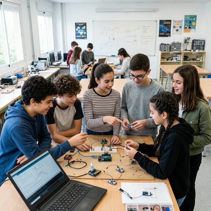 Imagen conceptual de apoyo generada por IA - Alumnado investigando electrónica y microcontroladores en un laboratorio escolar en España