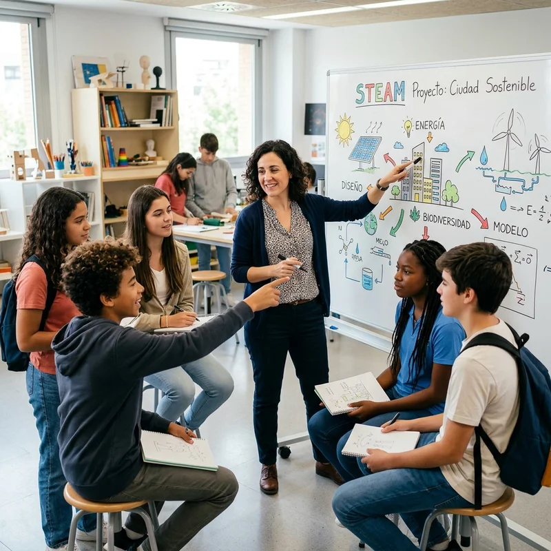 Imagen conceptual de apoyo generada por IA - Docente y alumnado planificando una Situación de Aprendizaje competencial en el aula en España