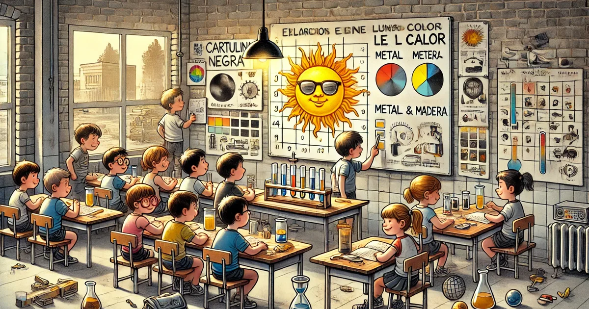 Cartulinas de colores claros y oscuros expuestas al sol, con el P-Bit midiendo temperatura, luz reflejada y humedad del aire sobre cada superficie