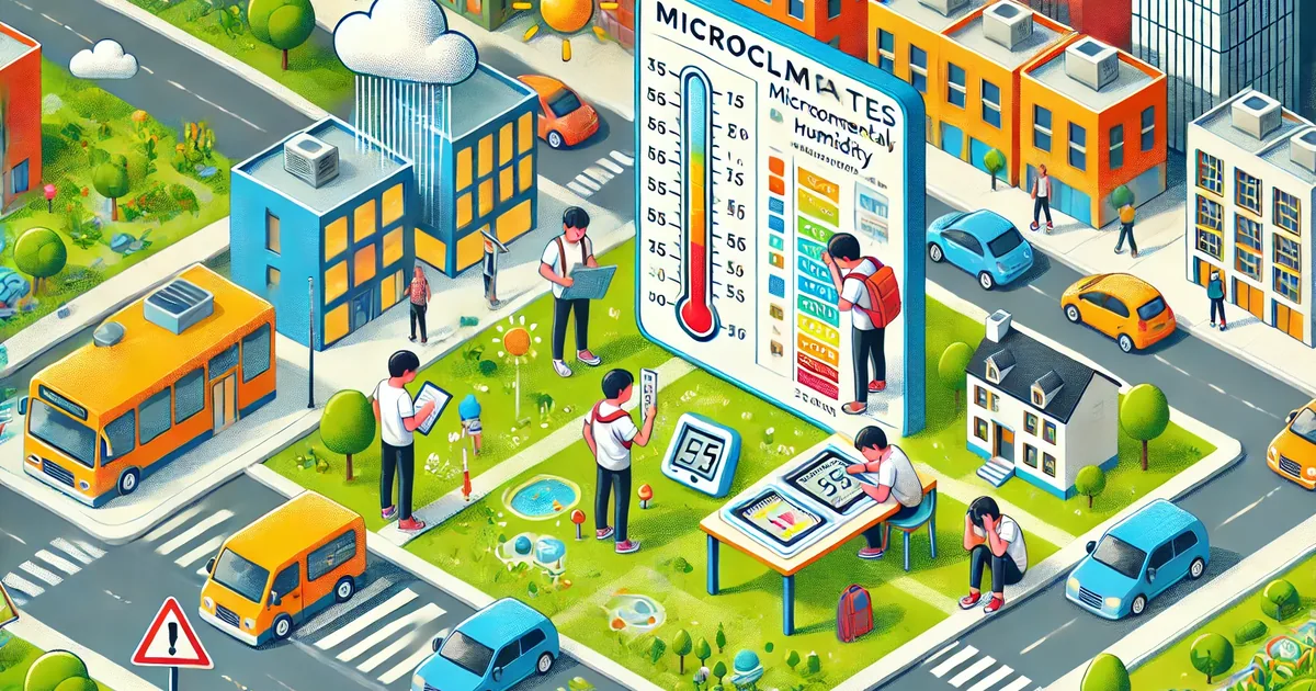 Vista de una ciudad con un parque, una avenida con tráfico y una plaza señalados como puntos de medición, con el P-Bit registrando temperatura y humedad en cada zona