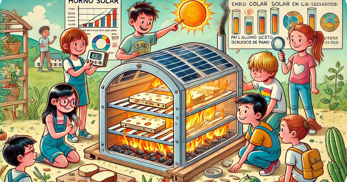 Horno solar casero construido con una caja de cartón forrada de papel de aluminio, con el P-Bit midiendo la temperatura en su interior