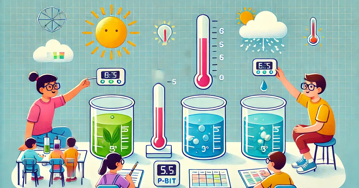Tres vasos de agua colocados al sol, en sombra y en un lugar frío, con el P-Bit midiendo la temperatura del agua en cada uno con el sensor DS18B20