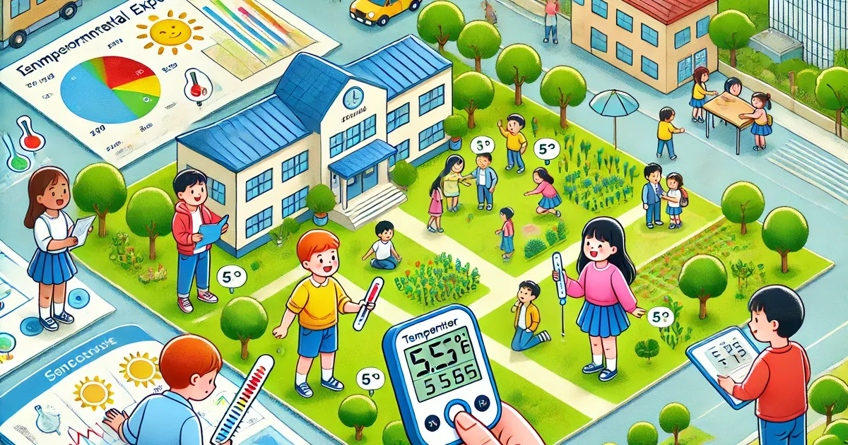 Plano del colegio con varios puntos de medición marcados (patio, aula, pasillo, zona ajardinada), con el P-Bit midiendo temperatura y humedad en cada uno