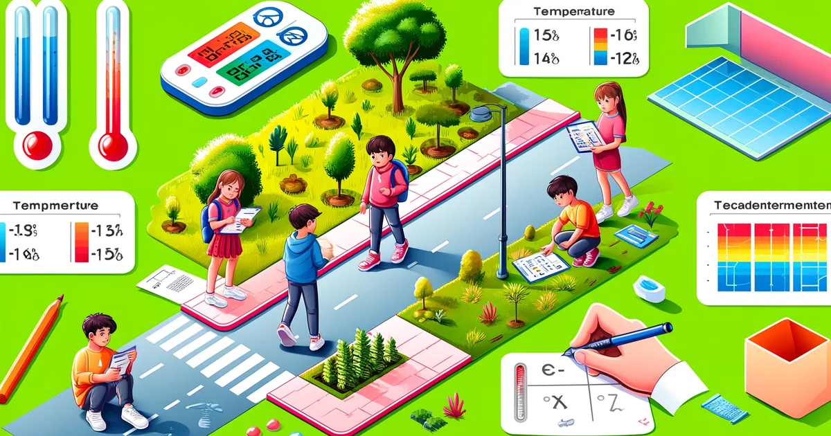 Comparación entre una acera de cemento y una zona verde con árboles, con el P-Bit midiendo la temperatura en ambas superficies