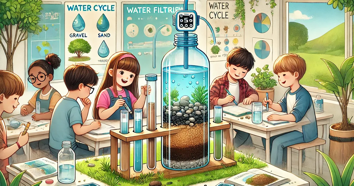 Filtro casero hecho con una botella cortada, con capas de piedras, arena y carbón, purificando agua turbia recogida en un vaso