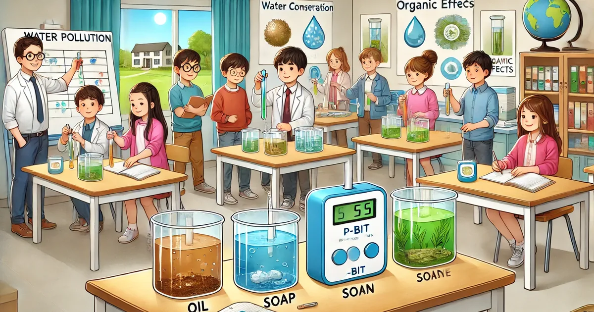 Varios vasos de agua con distintos contaminantes simulados (aceite, tierra, jabón) junto al P-Bit midiendo la turbidez con su sensor de luz