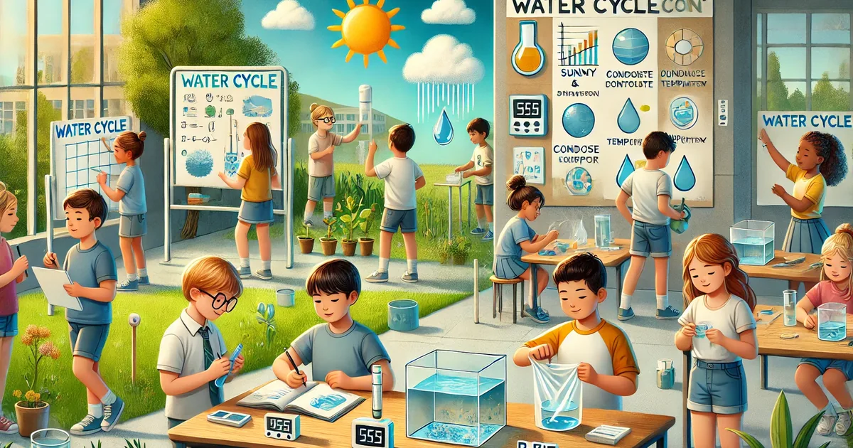 Recipientes con agua al sol y a la sombra junto a un recolector de condensación cubierto de plástico, con el P-Bit midiendo temperatura y humedad